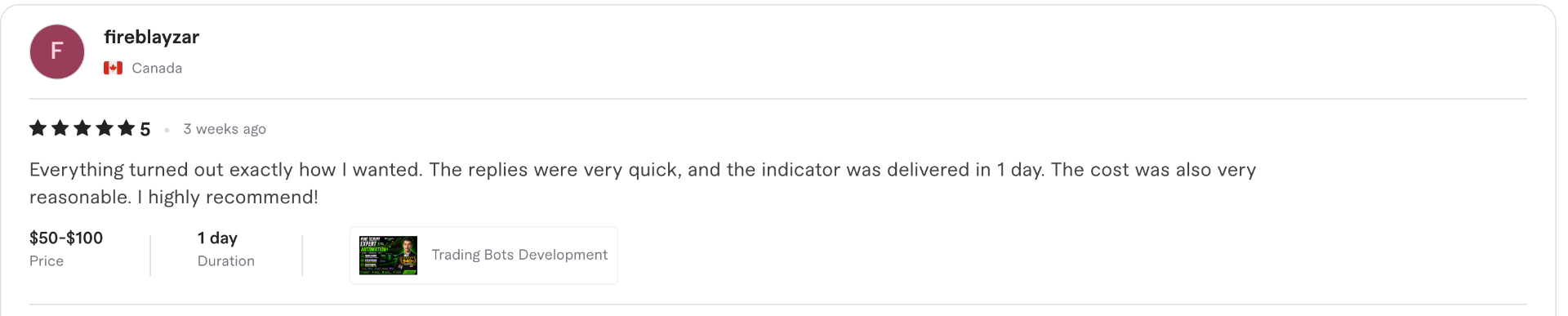5-star Fiverr review for dkcodenut — Pine Script / TradingView development